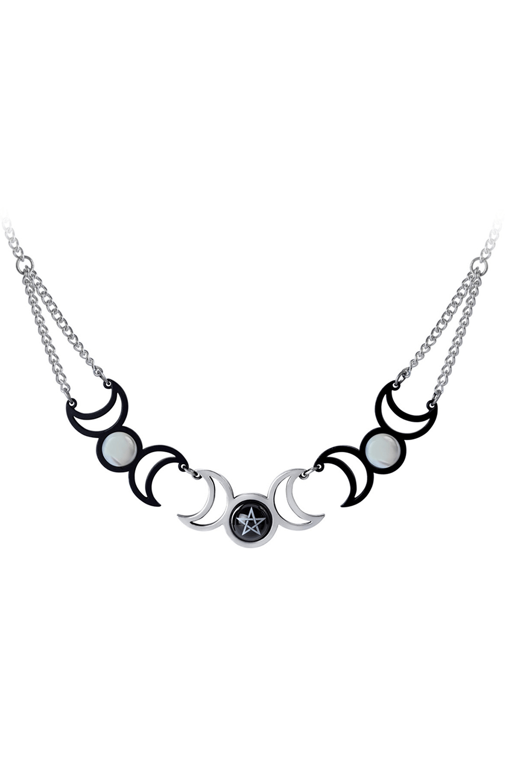 Wiccan Triple Moon Necklace with Pentagram and Pearl featuring three moons and a central pentagram cabochon.