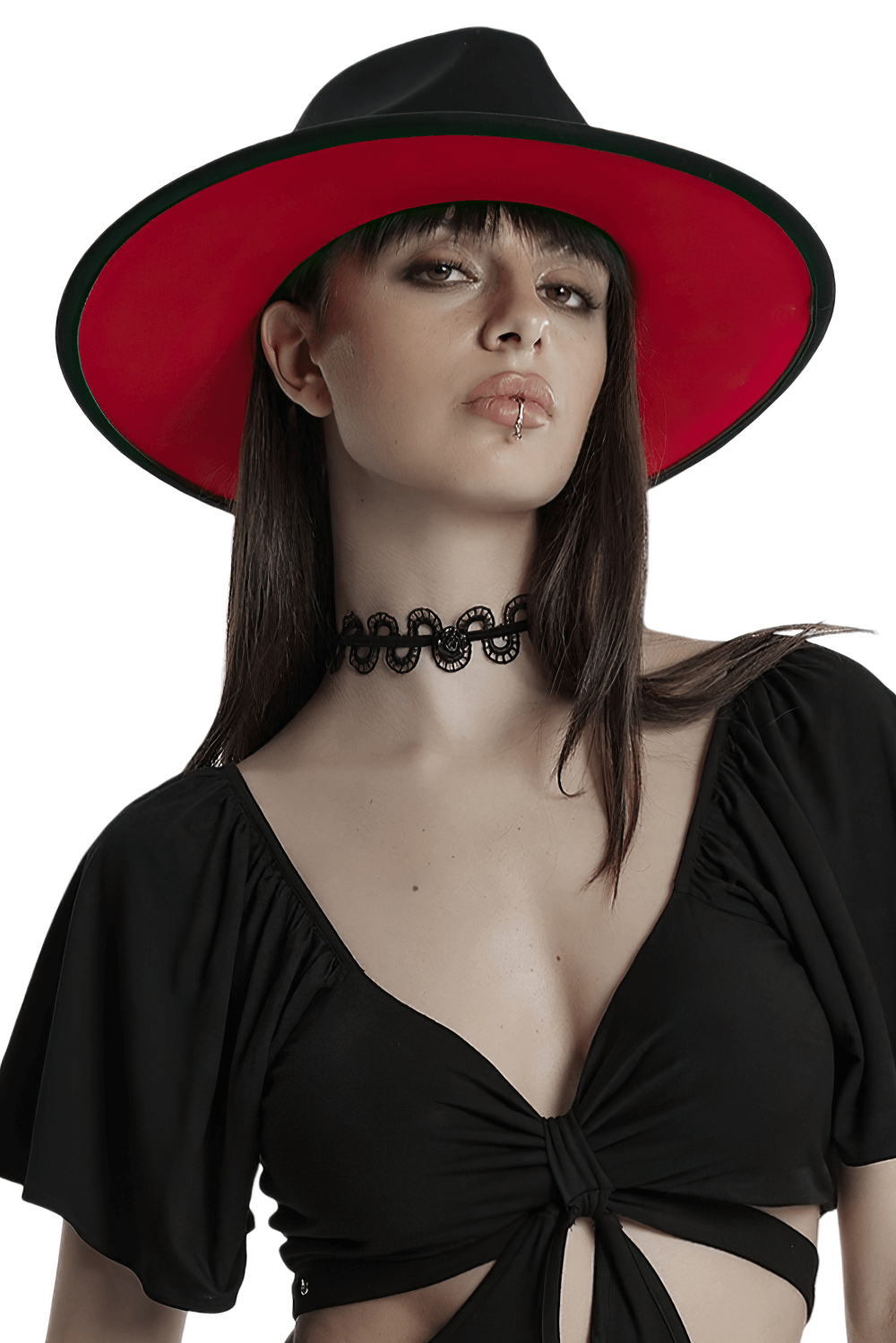 Elegant model wearing a wide brim suede gothic hat with red interior, showcasing a dark, mysterious aesthetic.