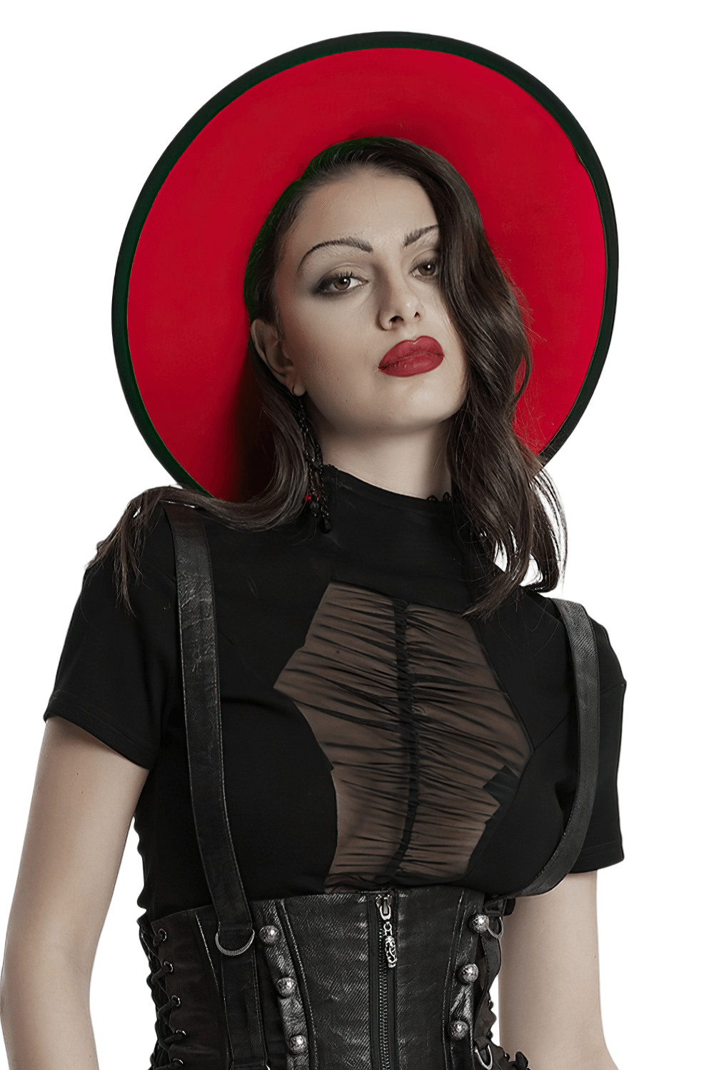 Elegant woman modeling a wide brim red Gothic hat with a dramatic look, showcasing a stylish and mysterious aesthetic.