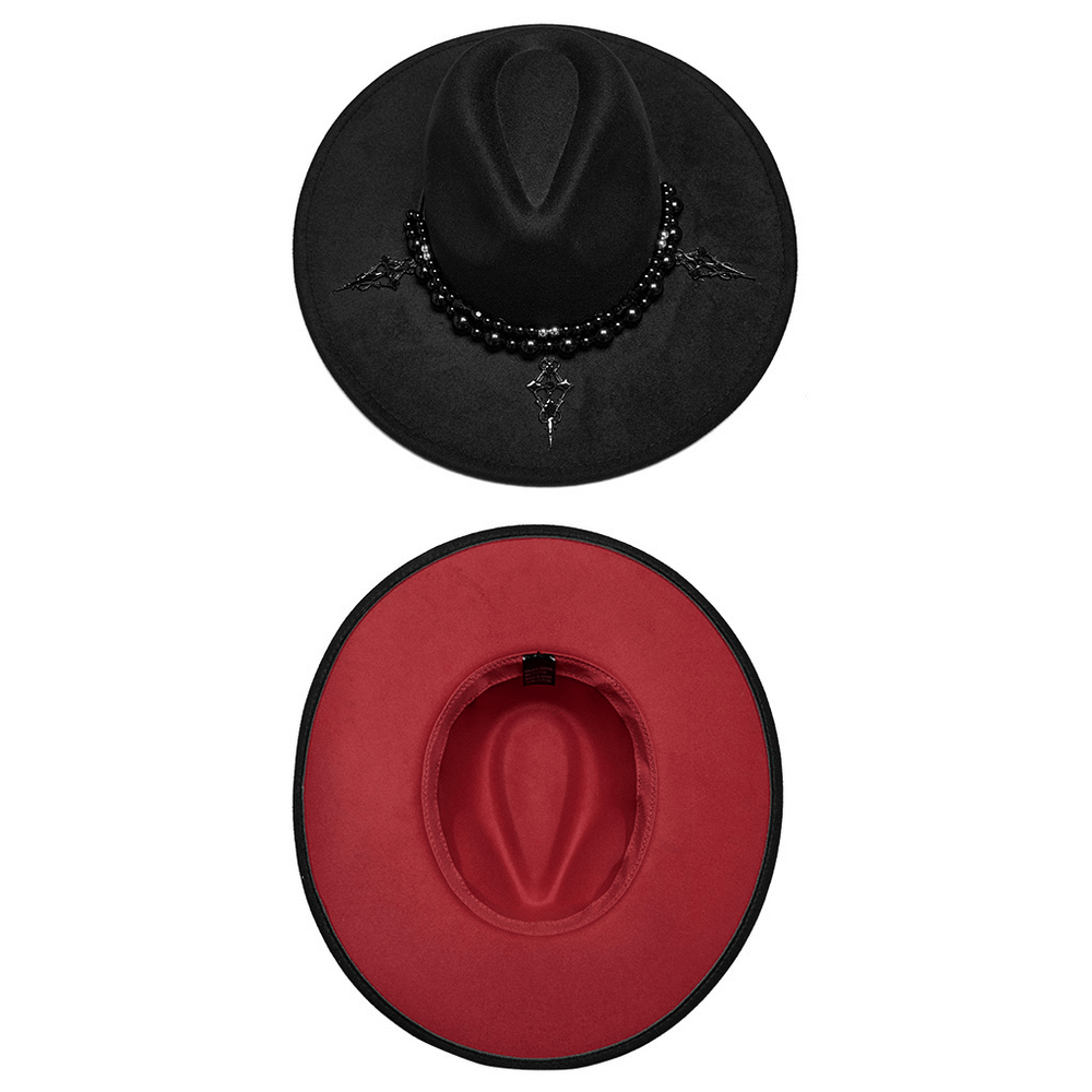 Elegant black wide brim suede Gothic hat with pearl beads and cross details, showcasing a striking red interior.