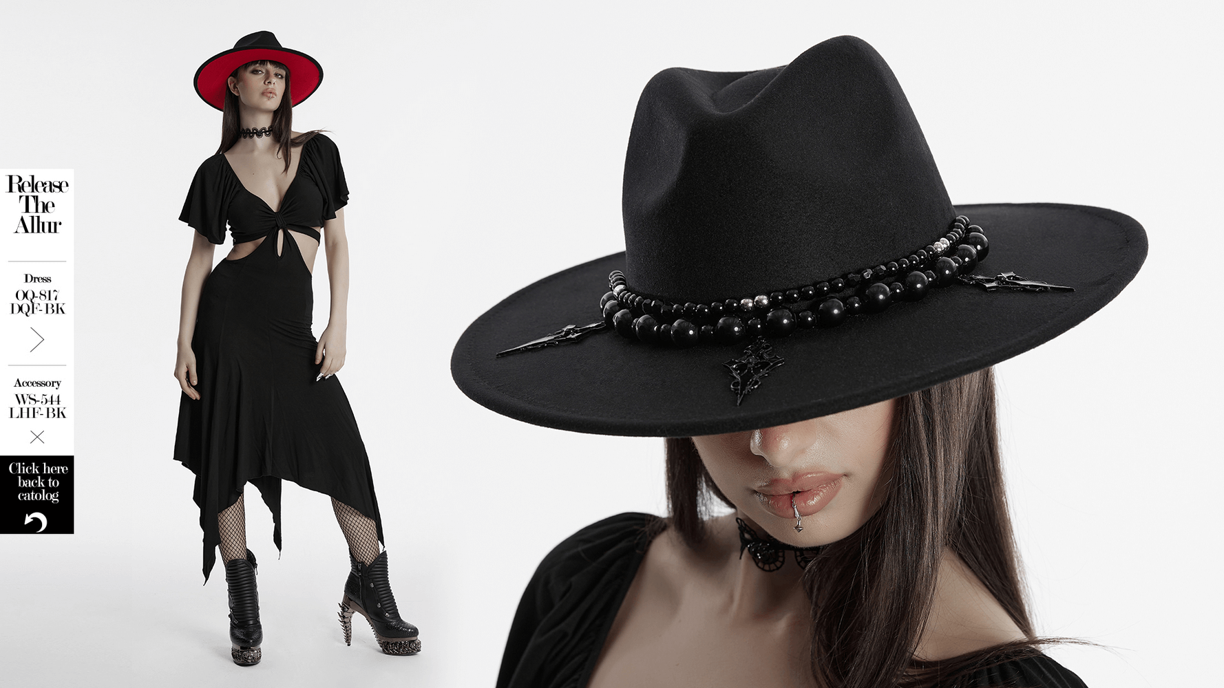 Elegant black wide brim gothic hat adorned with beads and a cross, worn by a model in a dark outfit.