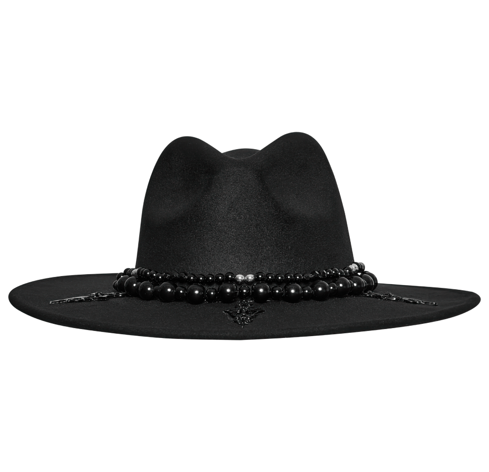 Elegant black wide brim hat adorned with a beaded band and cross pendant for a gothic, mysterious look.