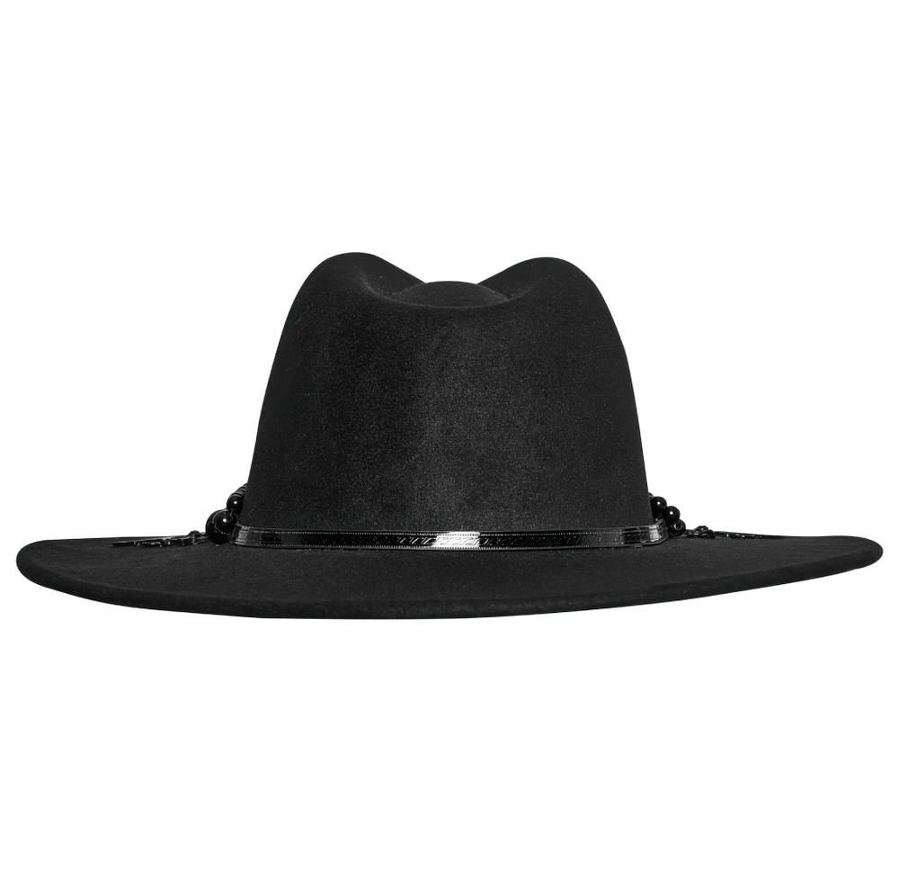 Elegant black wide brim hat with decorative band, perfect for gothic and retro fashion enthusiasts.