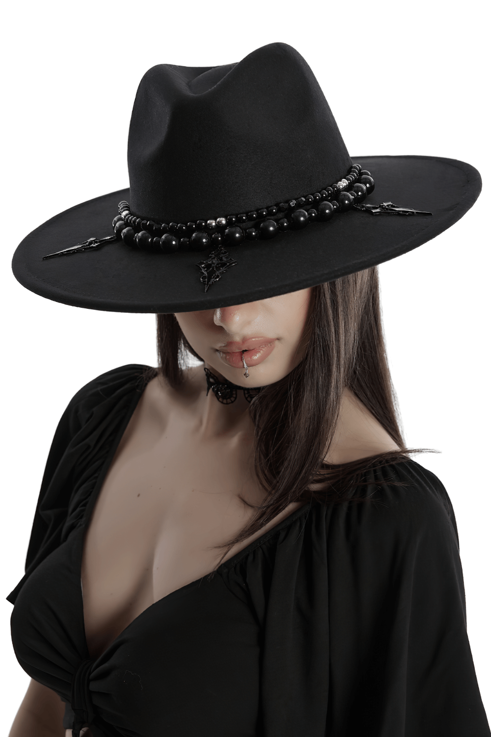 Elegant black wide brim hat adorned with beads and a striking cross, perfect for a gothic and mysterious look.