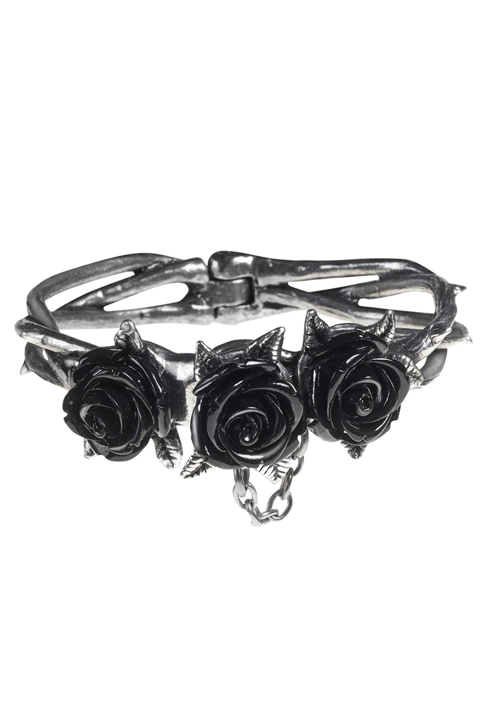 Elegant Wild Black Rose Bracelet with thorny vine design and three black roses, crafted from English pewter and enamel.