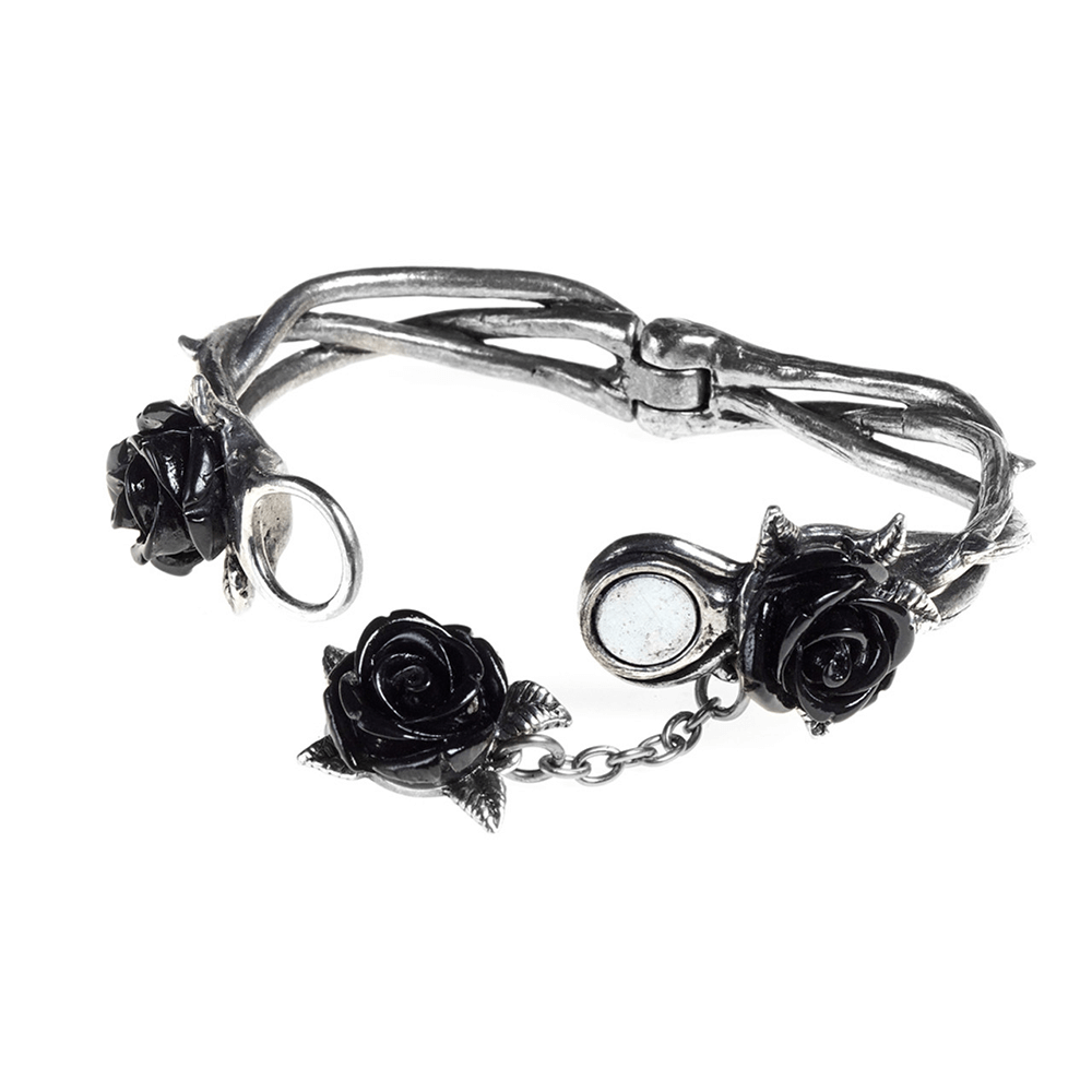 Elegant Wild Black Rose Bracelet featuring thorny vine design and hidden magnet for easy removal.