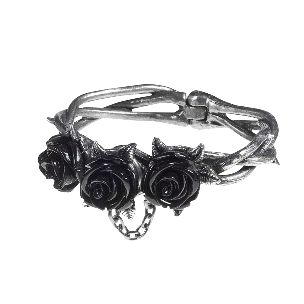 Wild Black Rose Bracelet featuring thorny vine design and three elegant black roses in fine pewter and enamel.