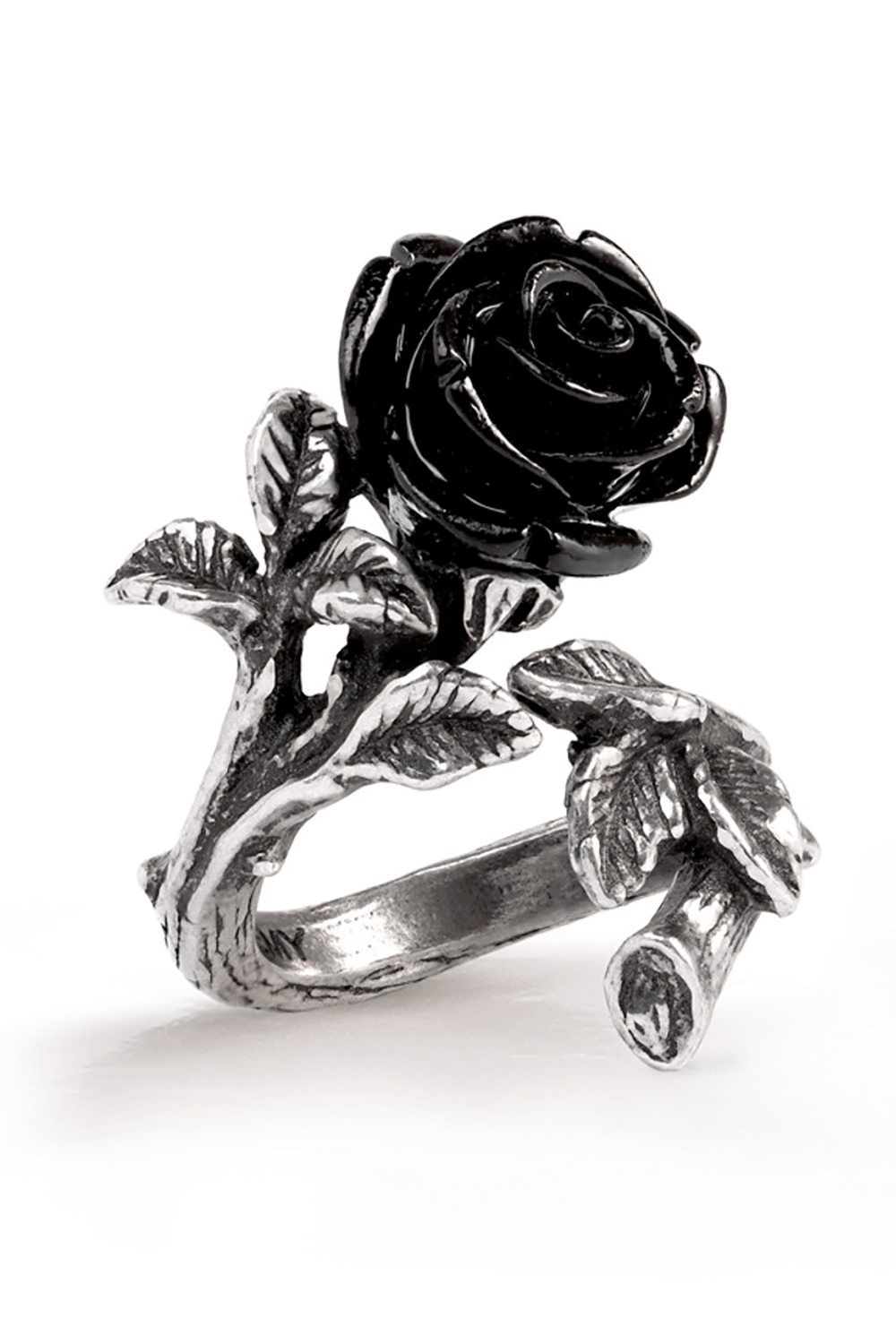 Wild black rose ring in pewter with acrylic flower detail, showcasing intricate leaf design.