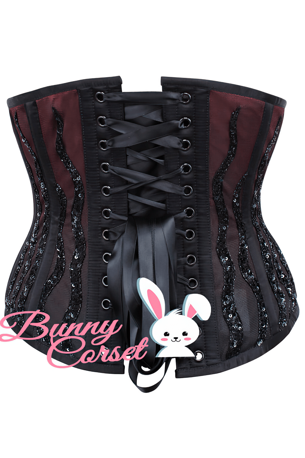 Wine ombre sequin underbust corset featuring steel boning and elegant back lacing for customized fit.