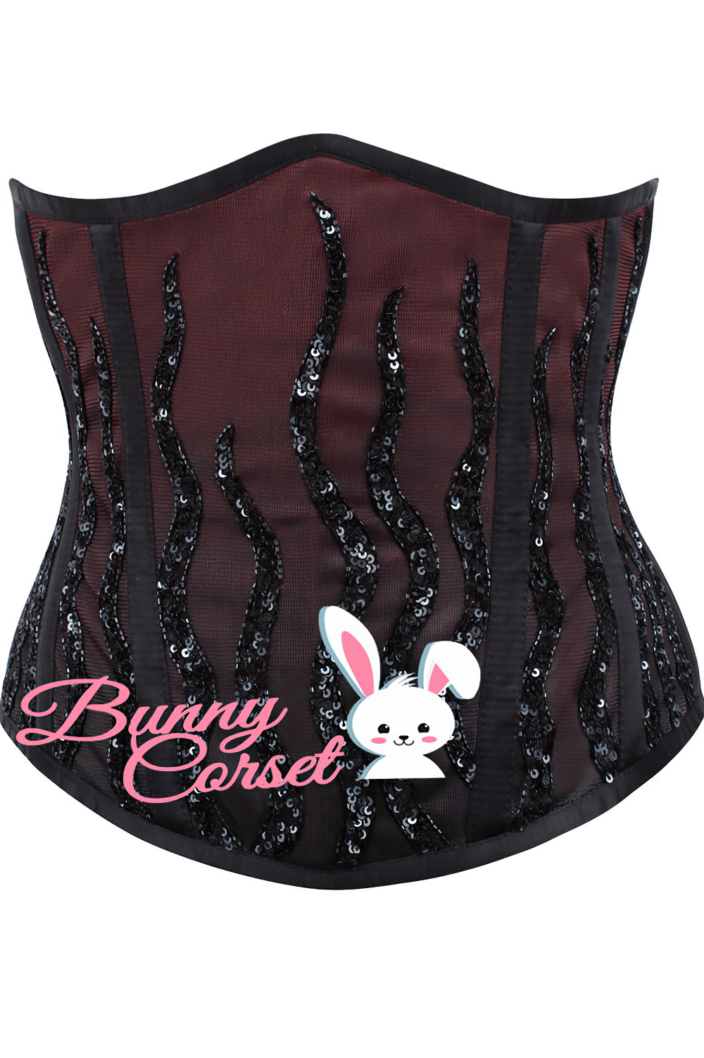 Wine ombre sequin corset with structured steel boning and elegant mesh design for stylish evening wear.