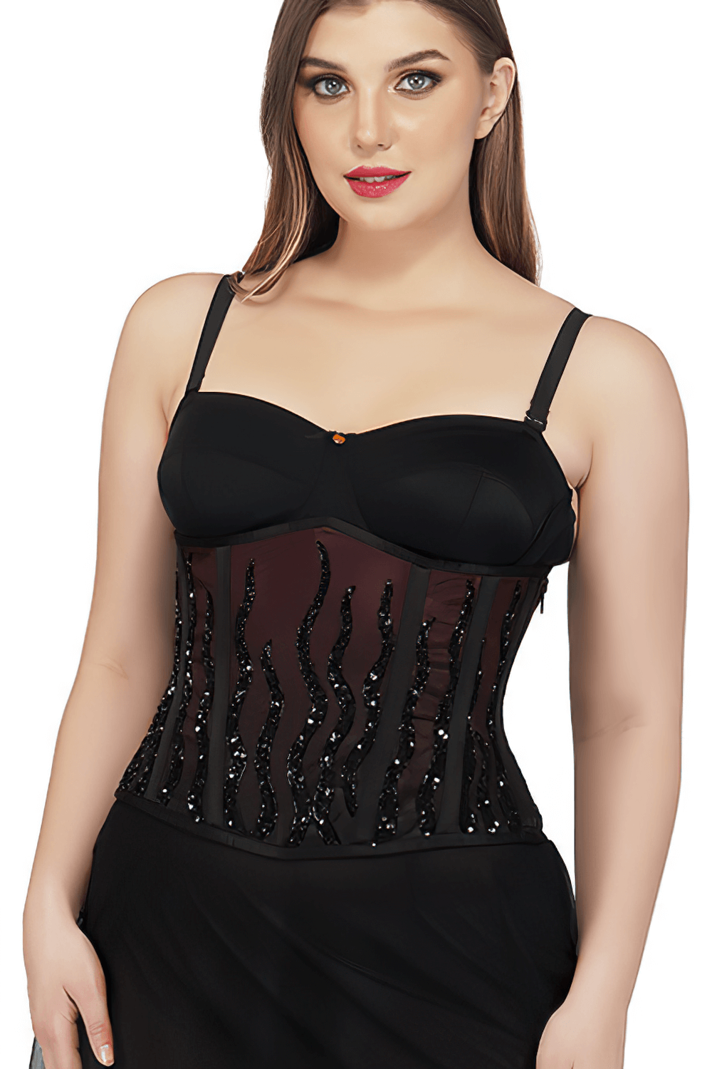 Elegant wine ombre sequin corset with steel boning, featuring intricate detailing and a side zipper.