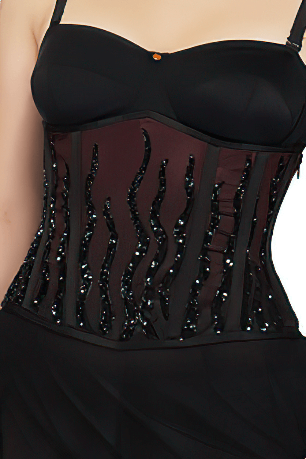 Wine ombre sequin underbust corset featuring elegant mesh and steel boning, perfect for evening wear and gothic fashion.