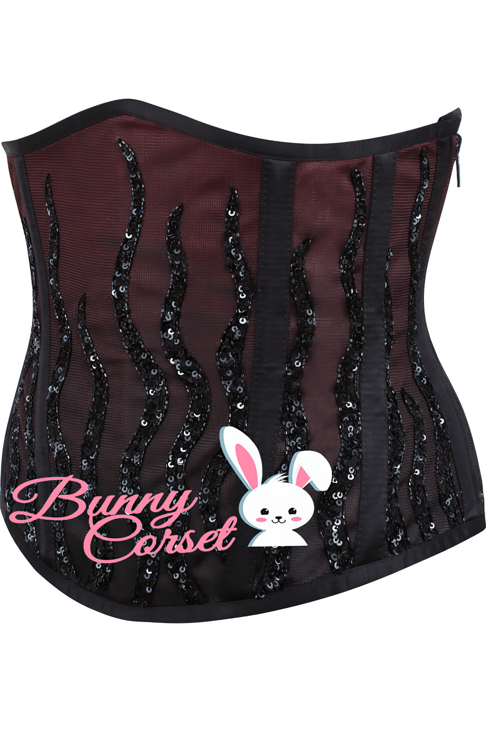 Wine ombre sequin underbust corset with mesh and steel boning for elegant evening wear.