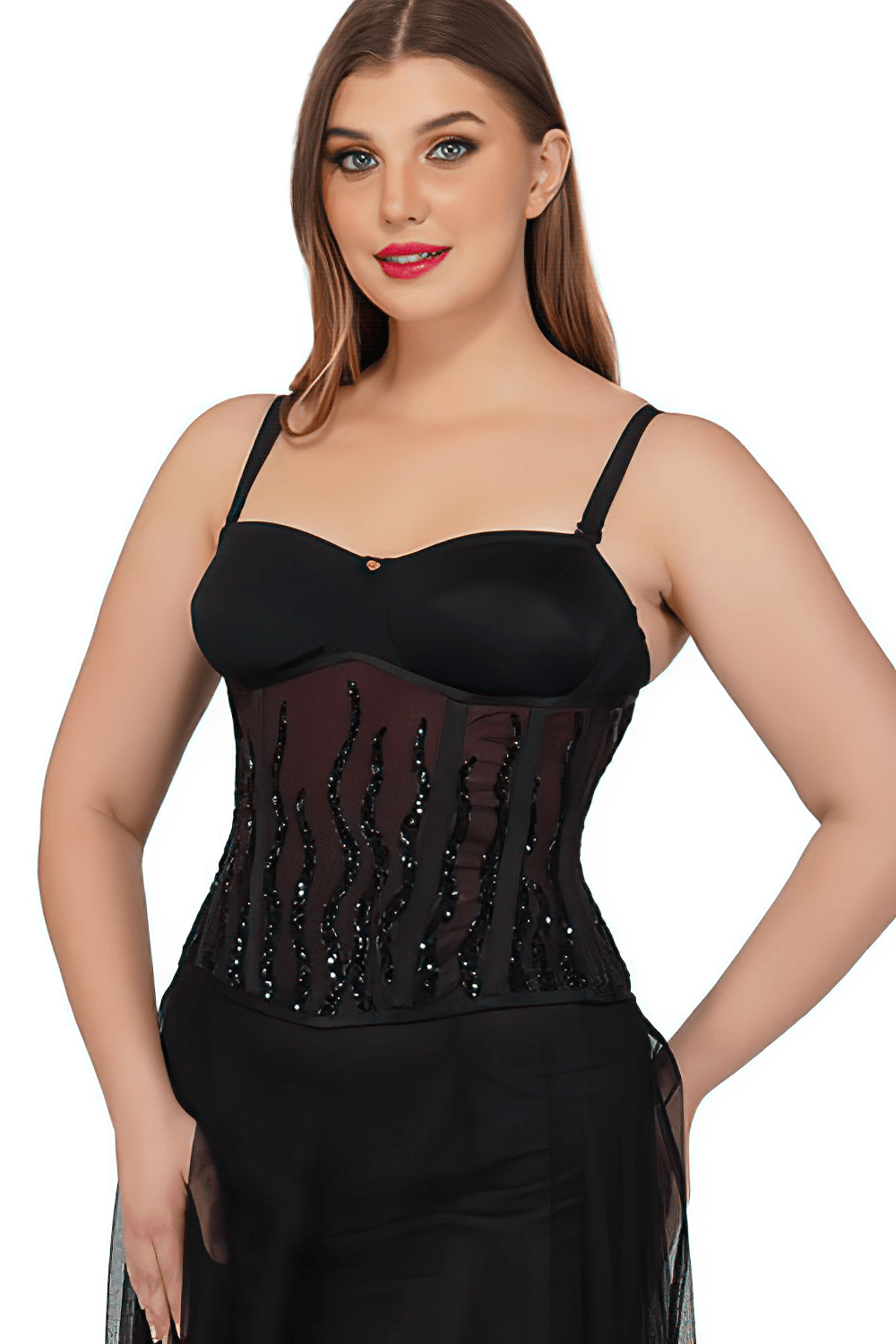 Elegant wine ombre sequin underbust corset with steel boning, showcasing intricate sequin detail and fitted silhouette.