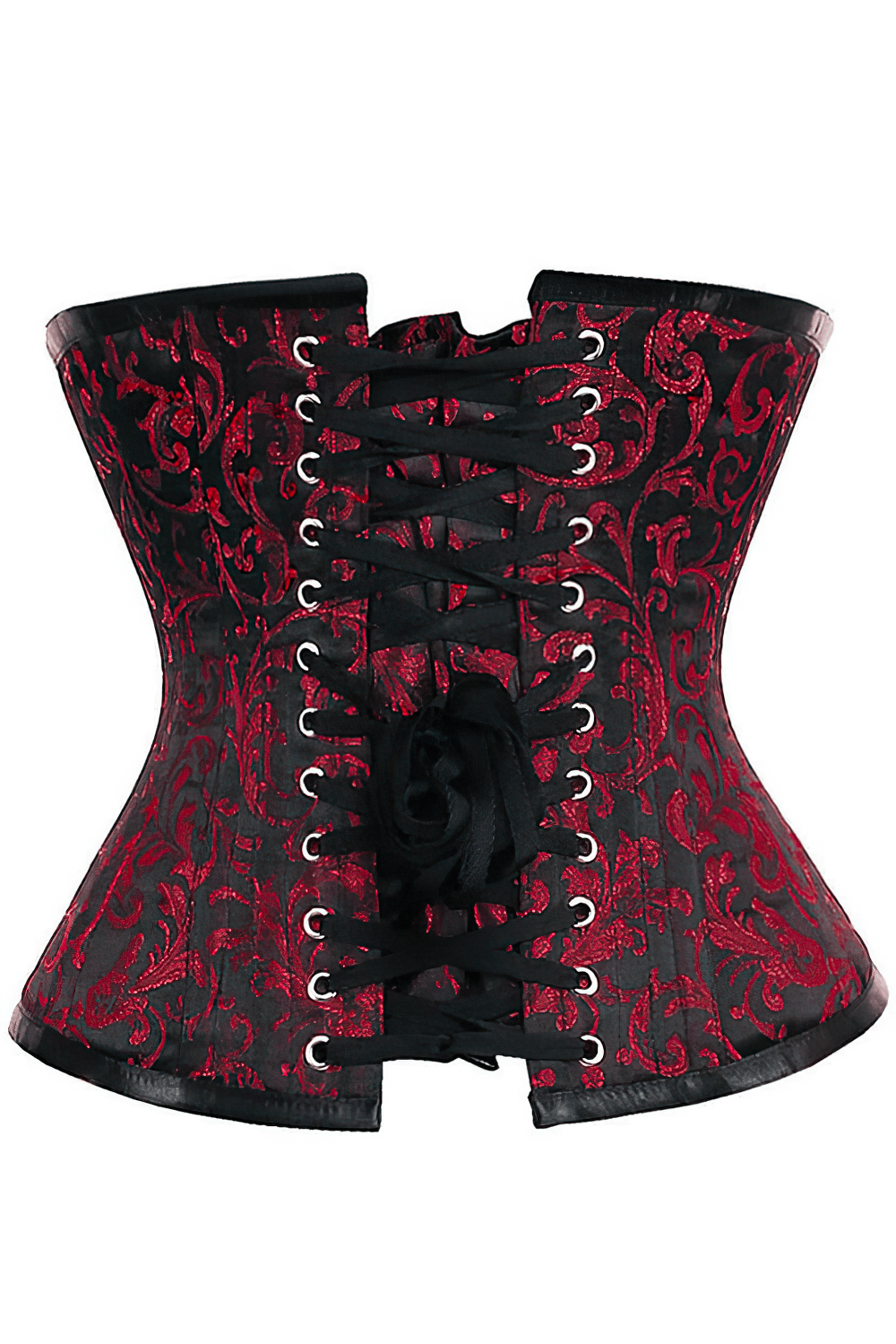 Wine red and black brocade corset with lace-up back and structure for waist training.