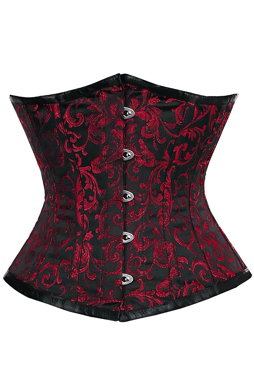 Wine red and black brocade underbust corset with steel boning and lace-up back for gothic waist training.