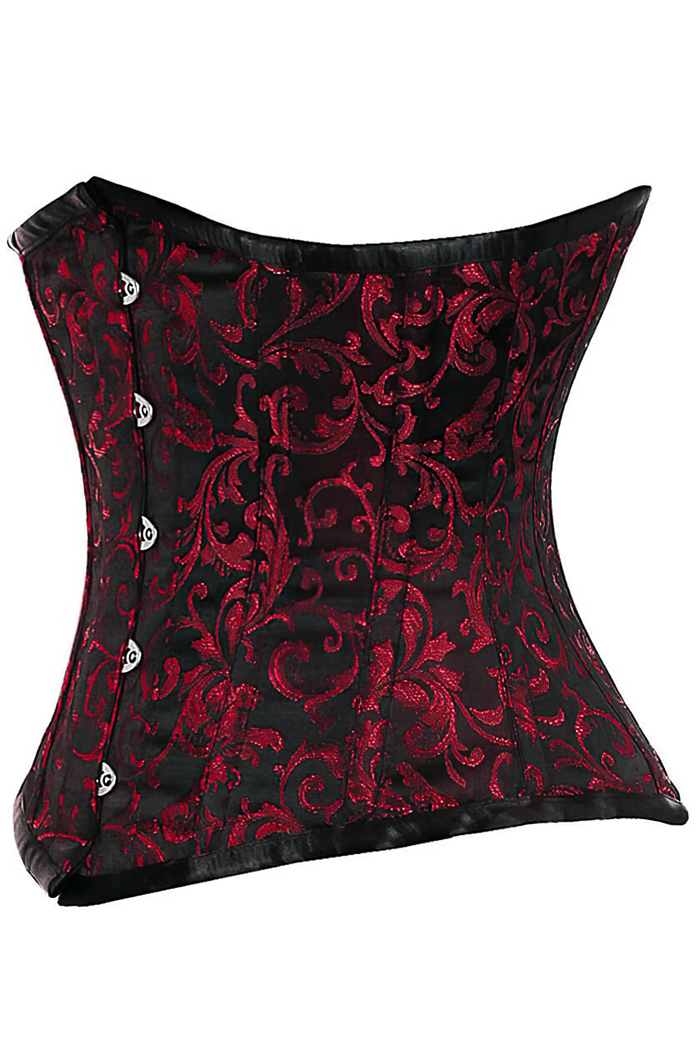 Wine red and black brocade underbust corset with steel boning and lace-up back, perfect for waist training.