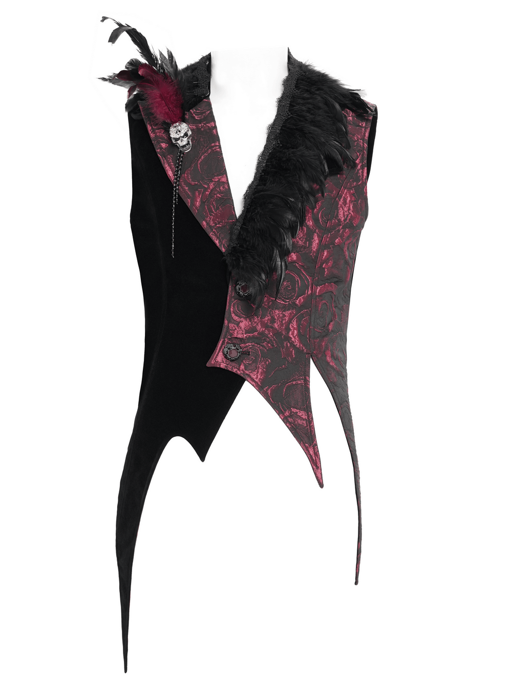 Wine Red and Black Brocade Waistcoat with Feather Lapel featuring feather lapel and ornate button details.