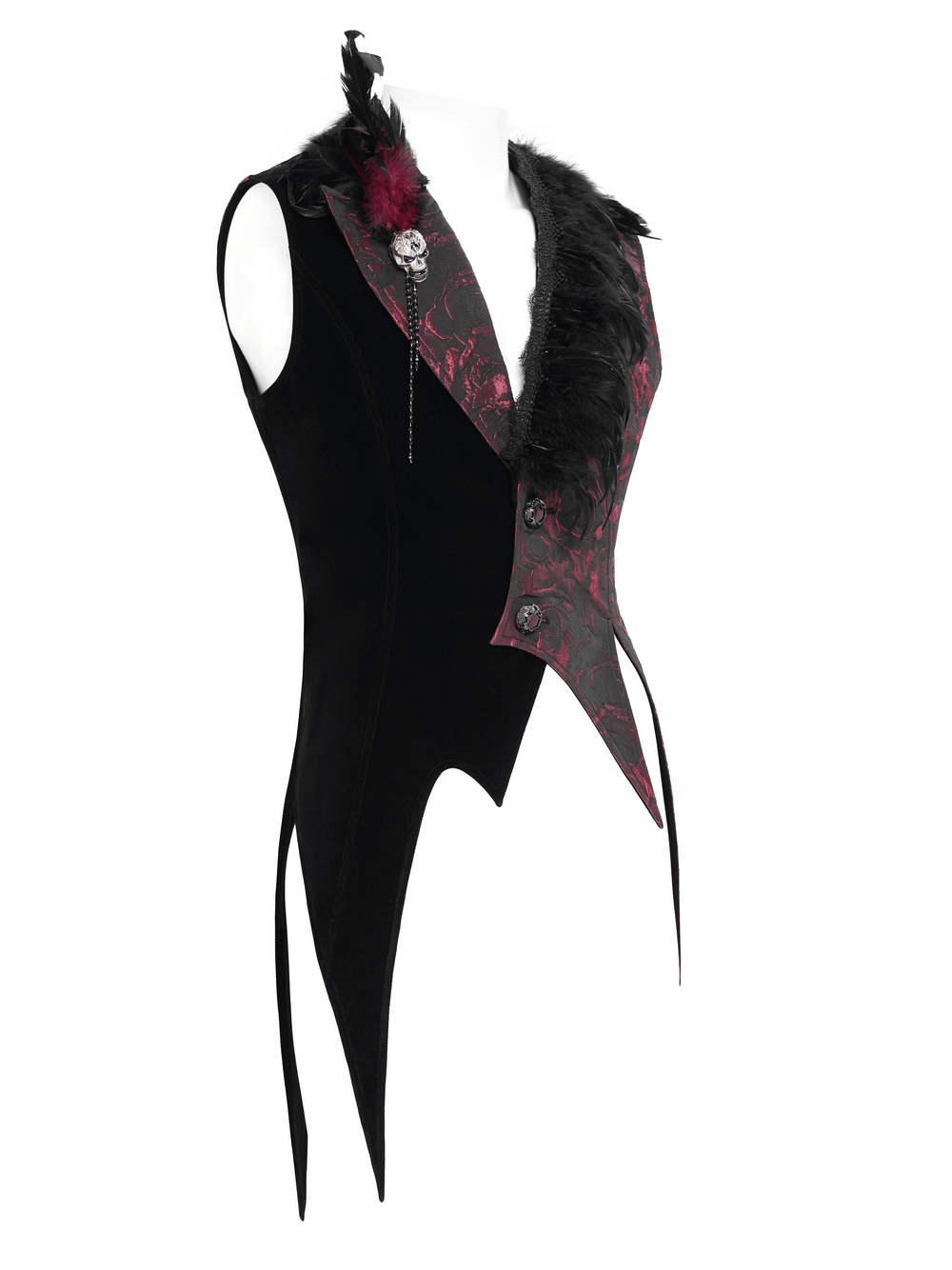 Wine Red and Black Brocade Waistcoat with Feather Lapel showcasing gothic elegance and intricate details.