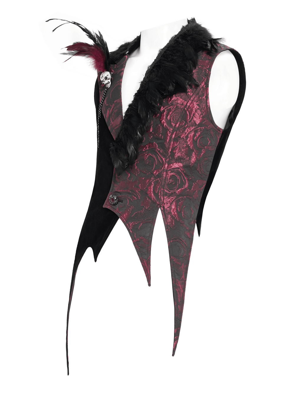 Wine Red and Black Brocade Waistcoat with Feather Lapel showcasing gothic elegance and Victorian style.