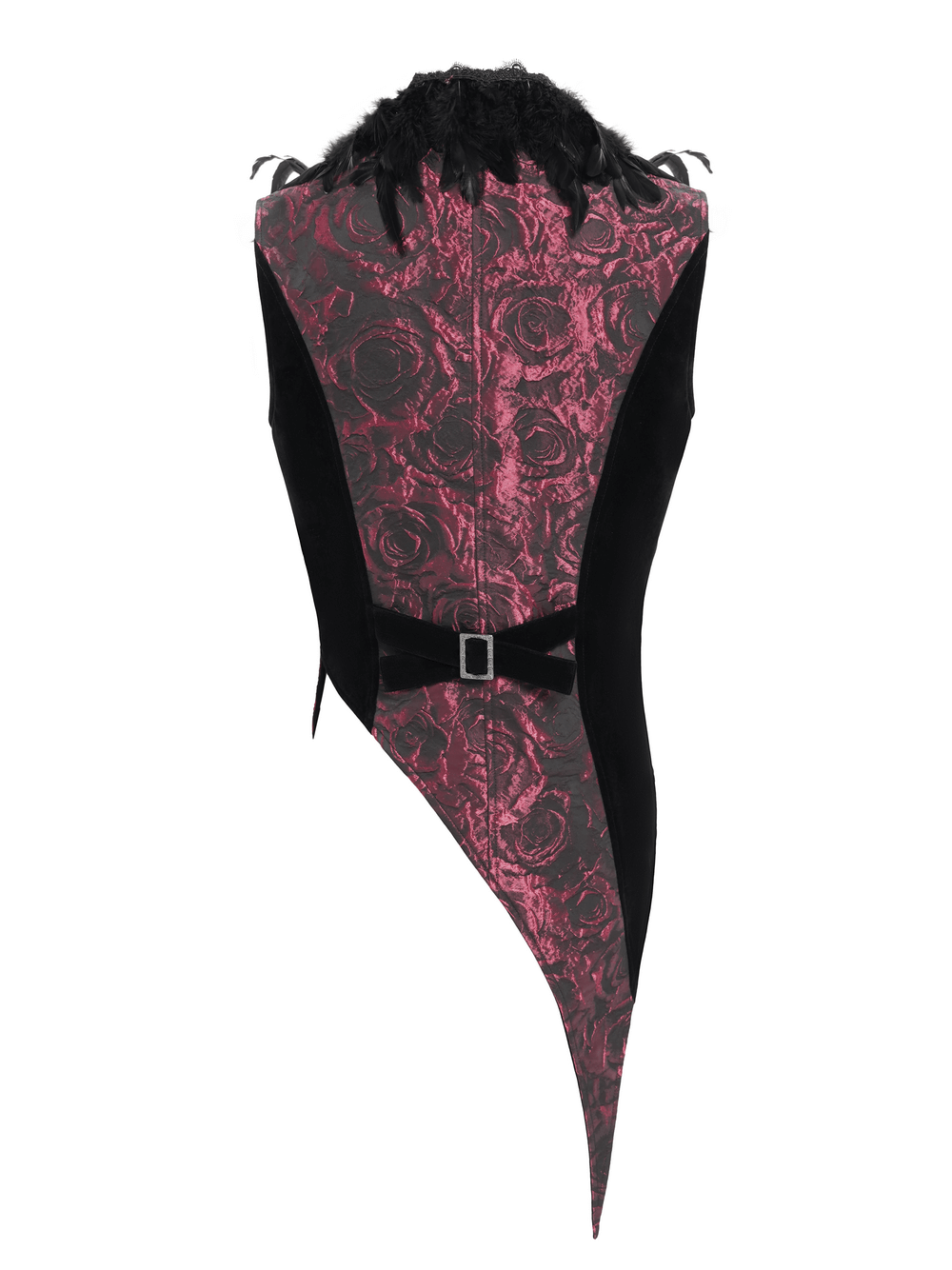 Wine Red and Black Brocade Waistcoat with Feather Lapel, showcasing intricate brocade and elegant feather details.