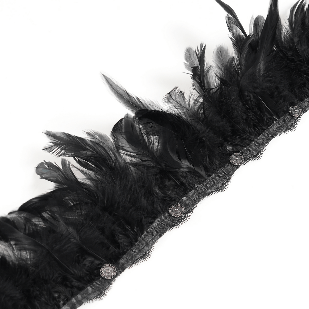 Wine Red and Black Brocade Waistcoat with Feather Lapel - close-up of elegant black feather trim detail.