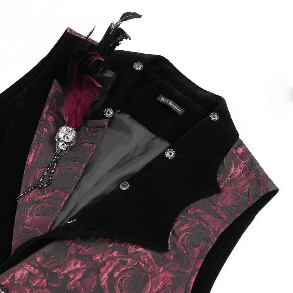 Wine Red and Black Brocade Waistcoat with Feather Lapel showcasing ornate button details and feather lapel.