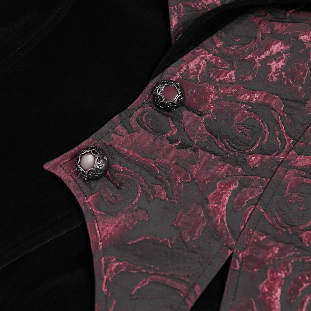 Wine Red and Black Brocade Waistcoat with Feather Lapel close-up showing ornate buttons and rich fabric details.