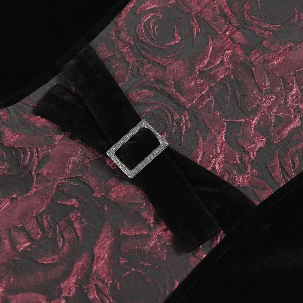 Wine Red and Black Brocade Waistcoat with Feather Lapel featuring detailed black velvet ribbon and ornate buckle.