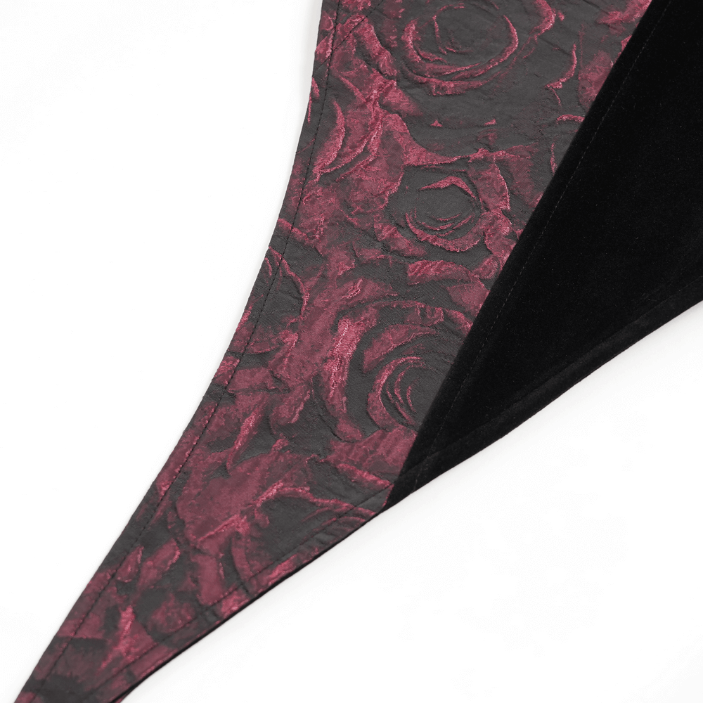 Wine Red and Black Brocade Waistcoat with Feather Lapel intricate fabric detail featuring rose patterns.