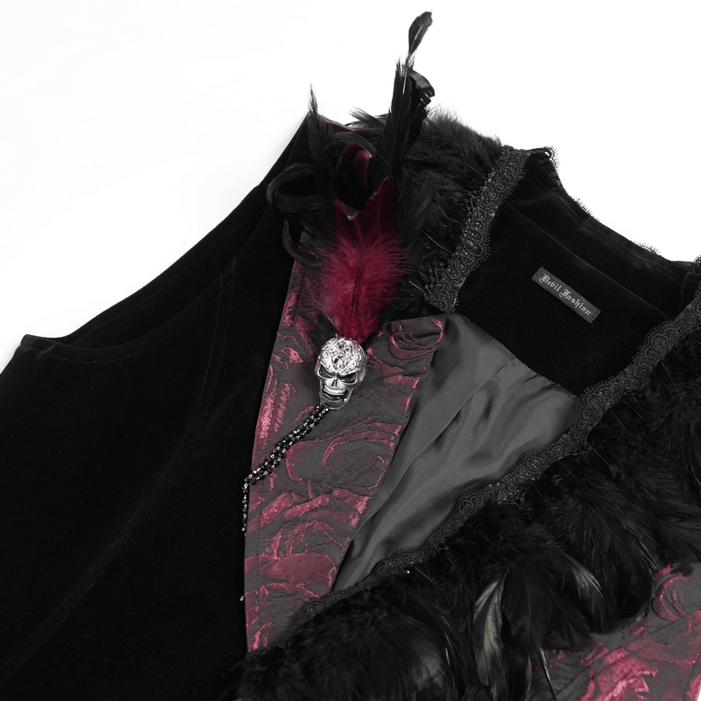 Wine Red and Black Brocade Waistcoat with Feather Lapel featuring intricate details and feather trim.