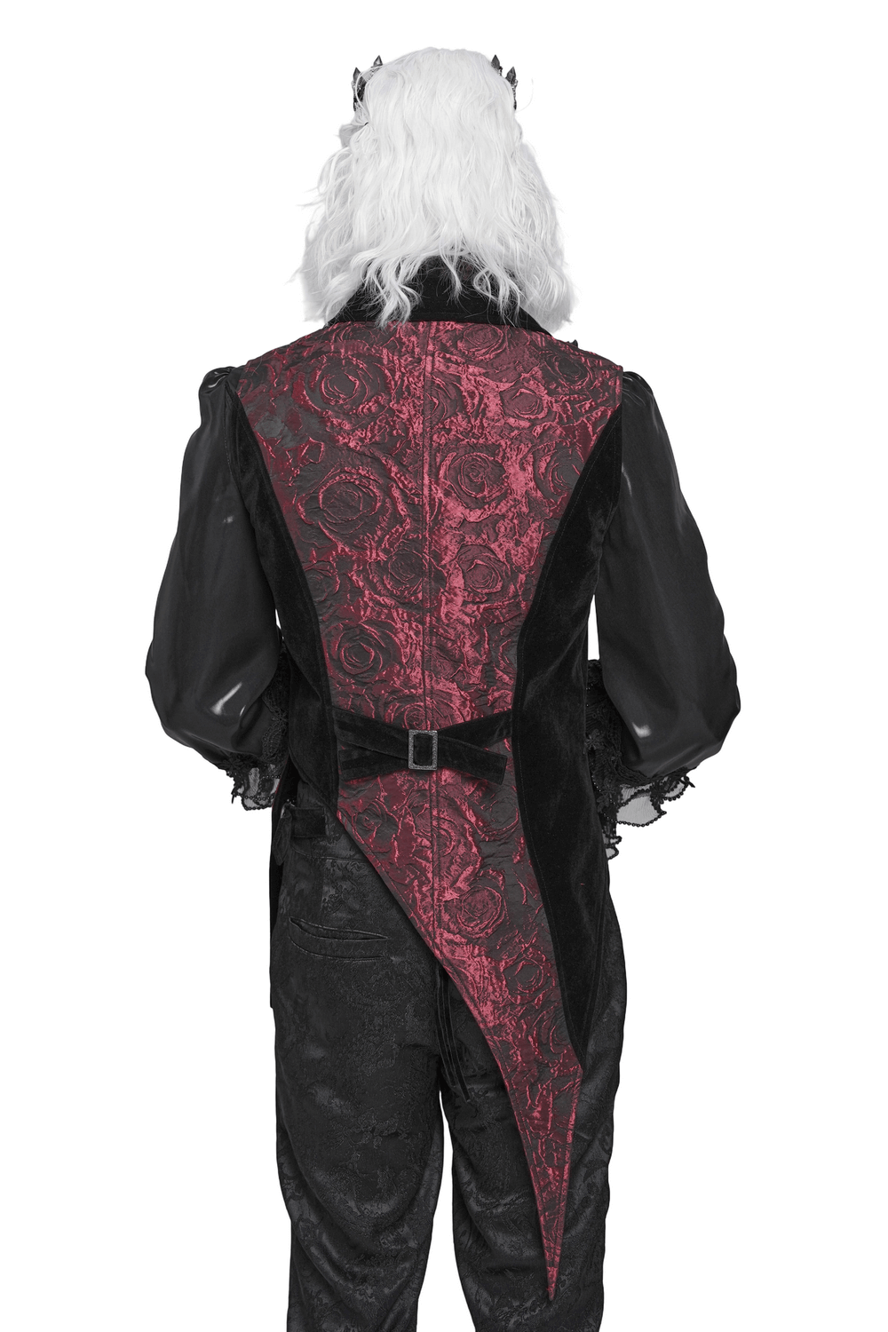 Wine Red and Black Brocade Waistcoat with Feather Lapel - Back View, showcasing ornate design and gothic style.