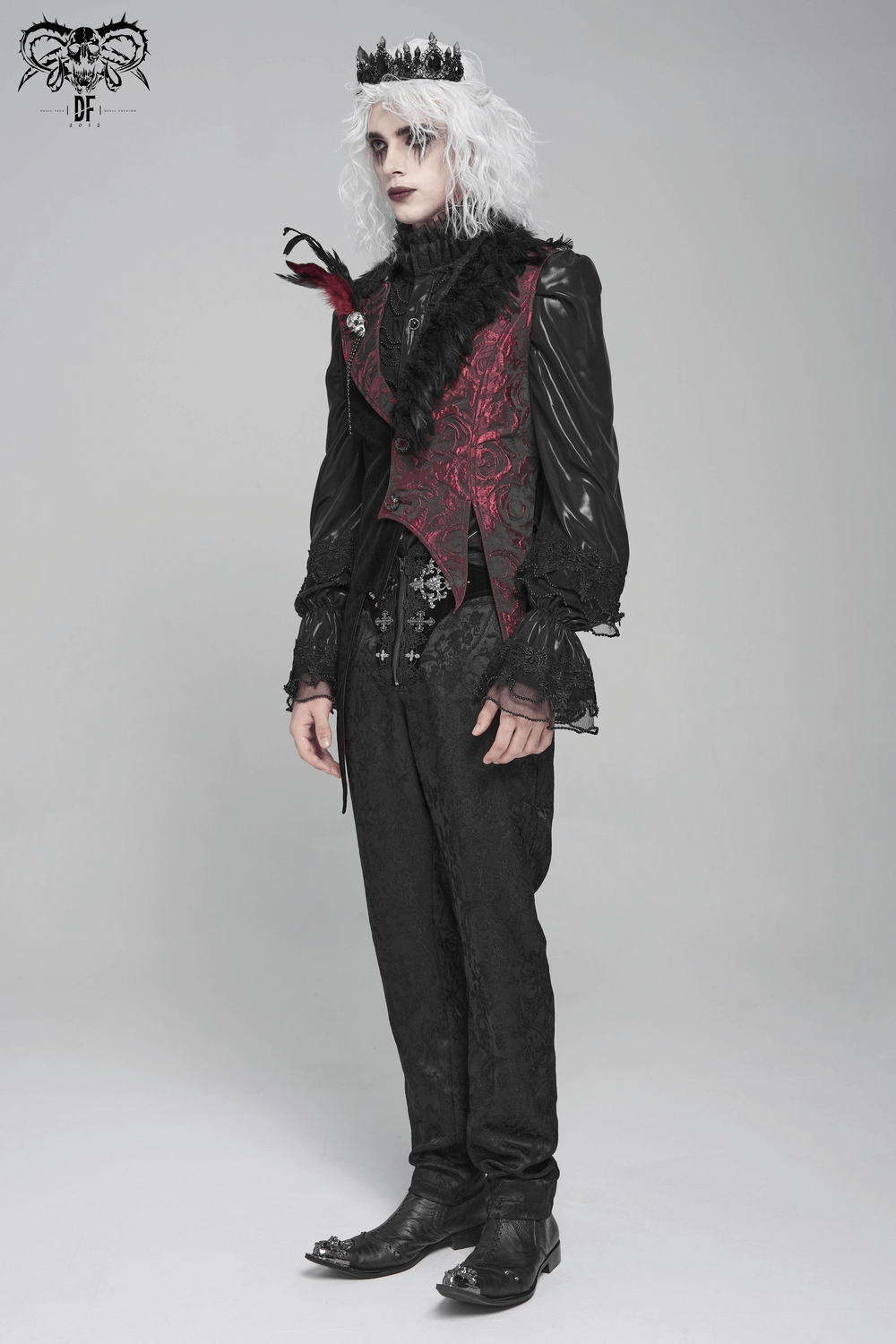 Wine Red and Black Brocade Waistcoat with Feather Lapel on model, showcasing gothic elegance and Victorian fashion style.