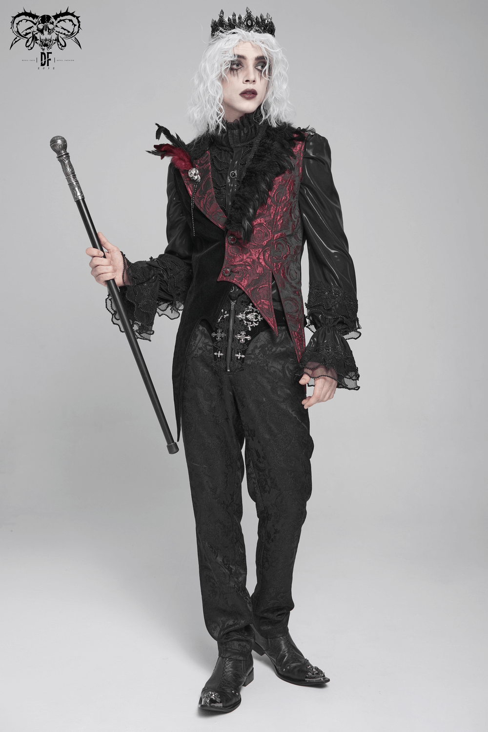 Wine Red and Black Brocade Waistcoat with Feather Lapel showcased on a model in a gothic setting.
