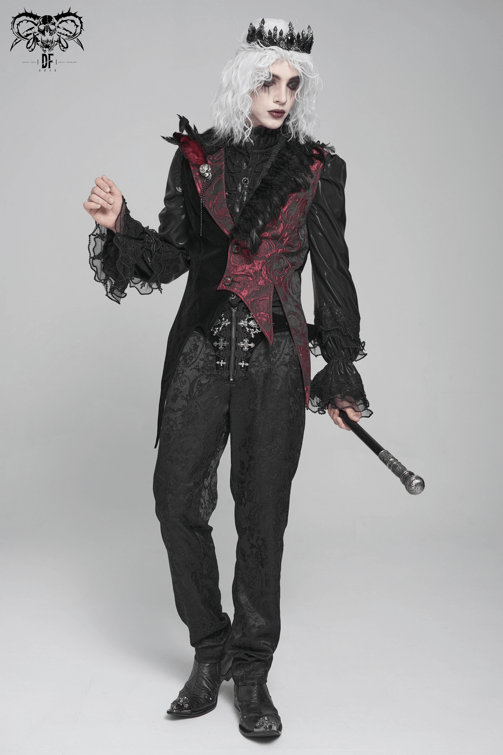 Wine Red and Black Brocade Waistcoat with Feather Lapel worn by a model in a gothic outfit.