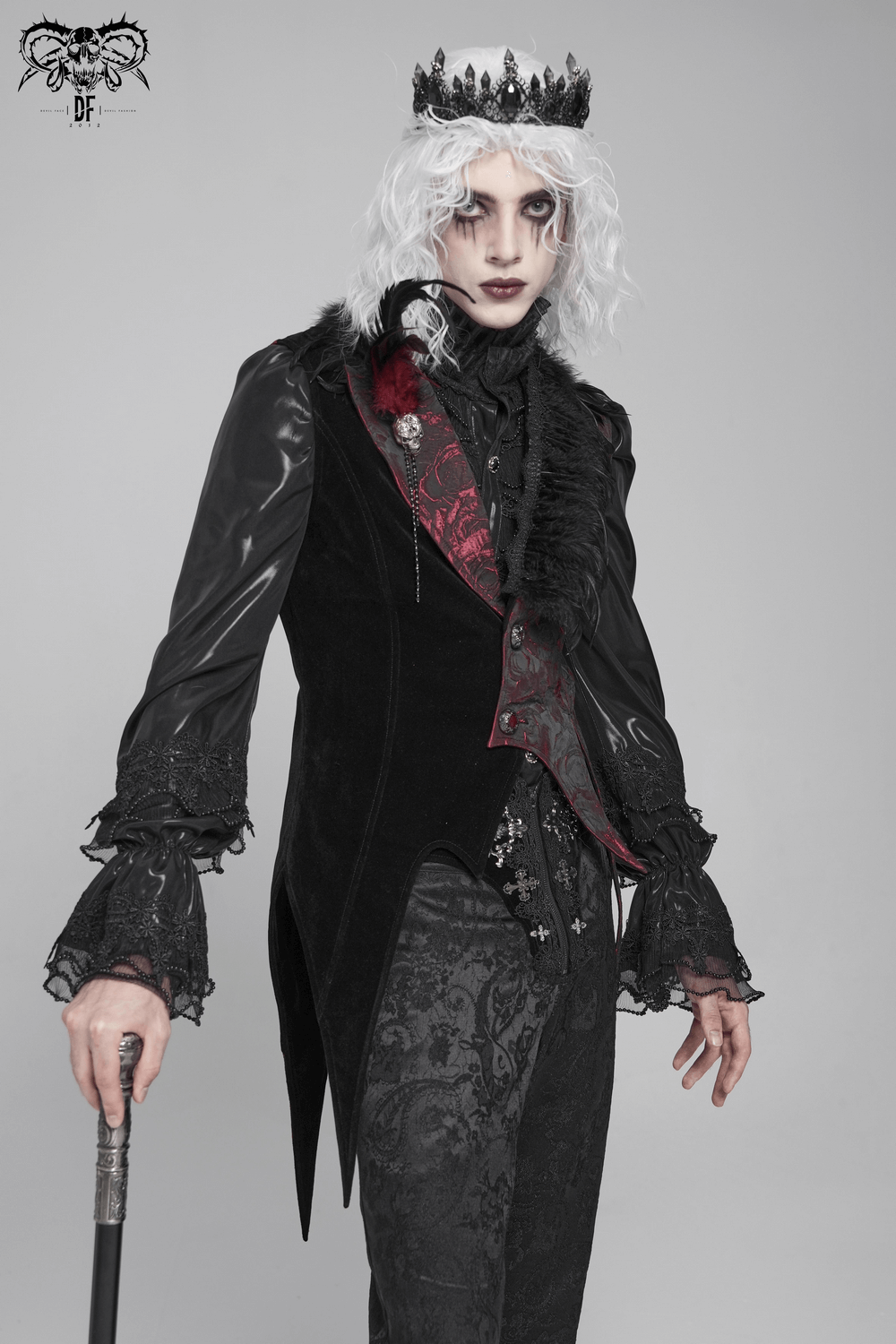 Wine Red and Black Brocade Waistcoat with Feather Lapel worn by a model with gothic makeup and crown.