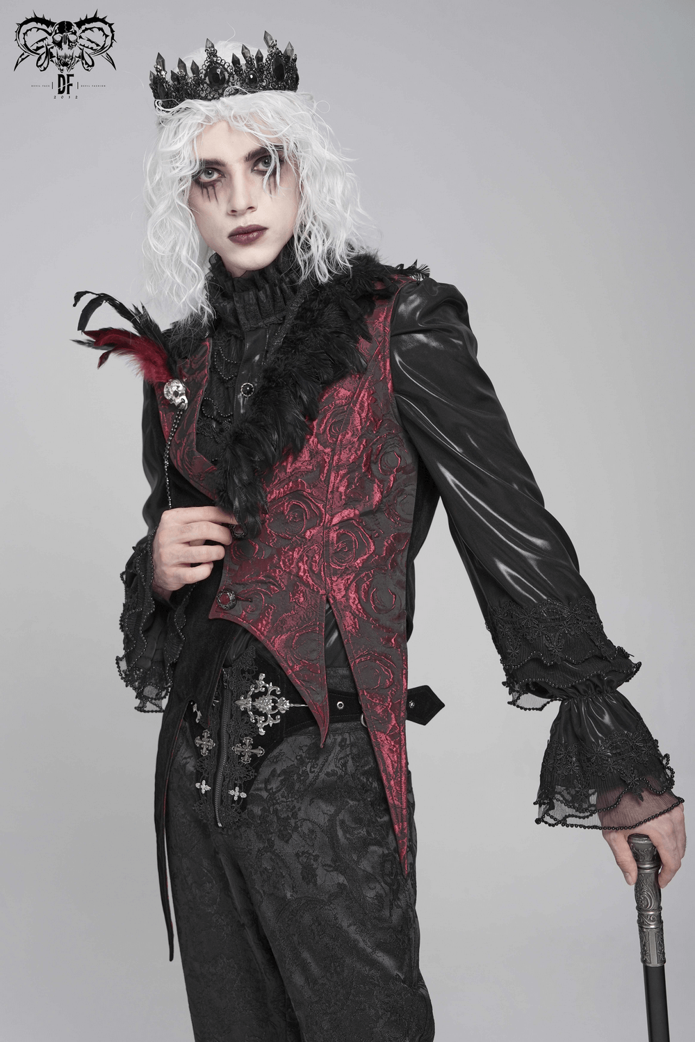 Wine Red and Black Brocade Waistcoat with Feather Lapel worn by model, showcasing gothic fashion style.