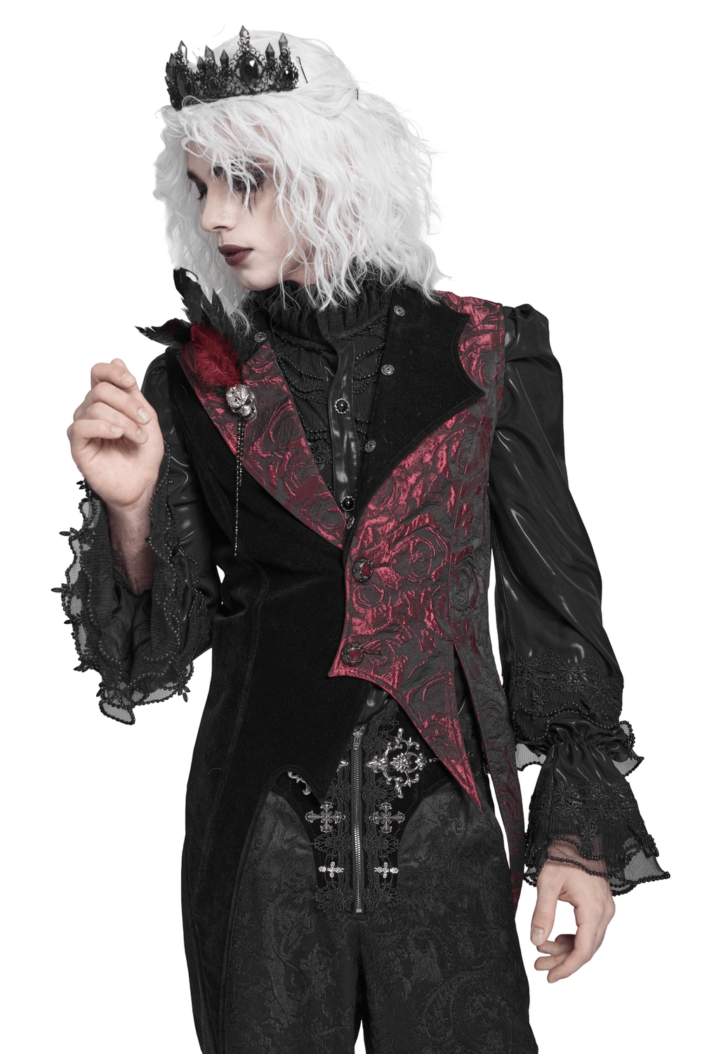 Wine Red and Black Brocade Waistcoat with Feather Lapel worn by a model with gothic styling.