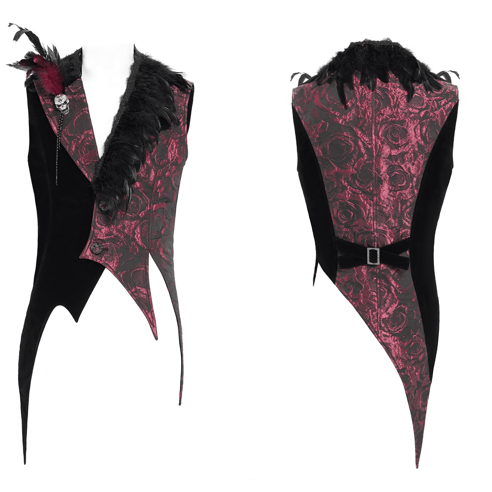 Wine Red and Black Brocade Waistcoat with Feather Lapel showcasing gothic style and elegant detailing.