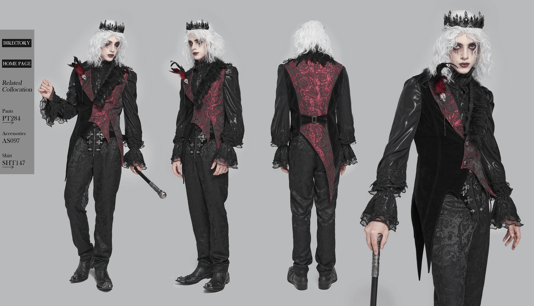 Wine Red and Black Brocade Waistcoat with Feather Lapel worn by a model showcasing a gothic Victorian theme.