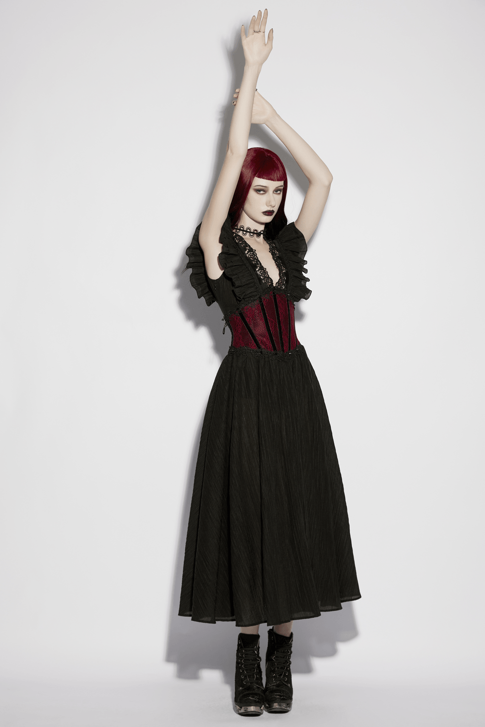 Alt Tag: Wine Red Black Lace Up Gothic Waist Cincher Corset worn by model with black dress and boots, dramatic goth look