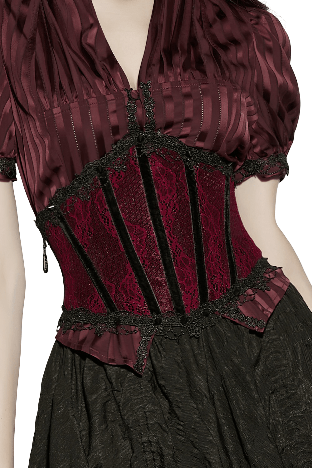 Wine Red Black Lace Up Gothic Waist Cincher Corset on mannequin, lace panels and black trim—ready to cinch, charm, and conquer