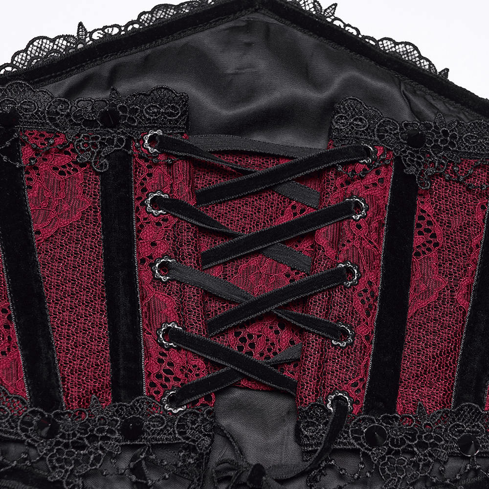 Alt Tag: Wine Red Black Lace Up Gothic Waist Cincher Corset close-up with black lace trim and crisscross lacing