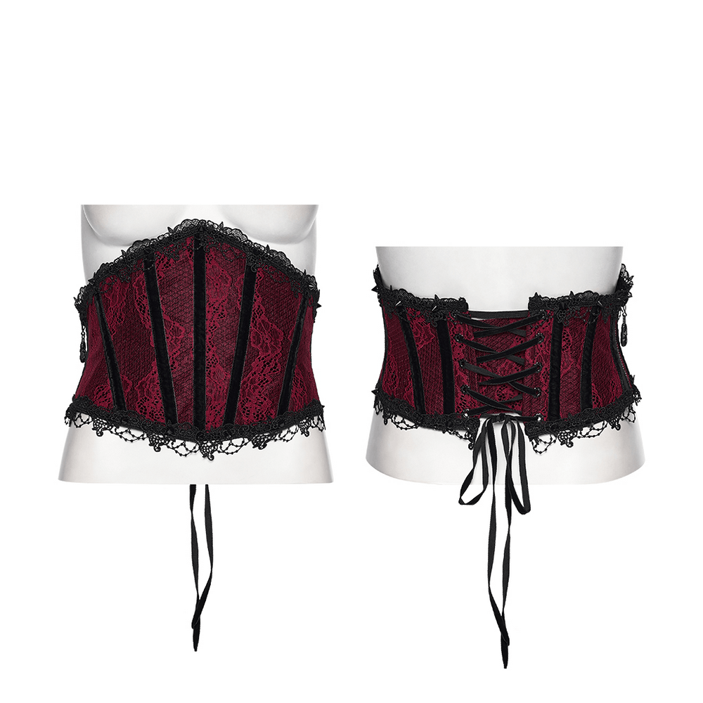 Alt Tag: Wine Red Black Lace Up Gothic Waist Cincher Corset front and back view, black lace trim, boned underbust design