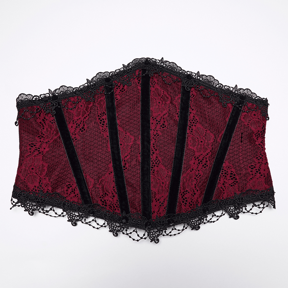 Alt Tag: Wine Red Black Lace Up Gothic Waist Cincher Corset in wine red lace with black boning and scalloped trim, front view