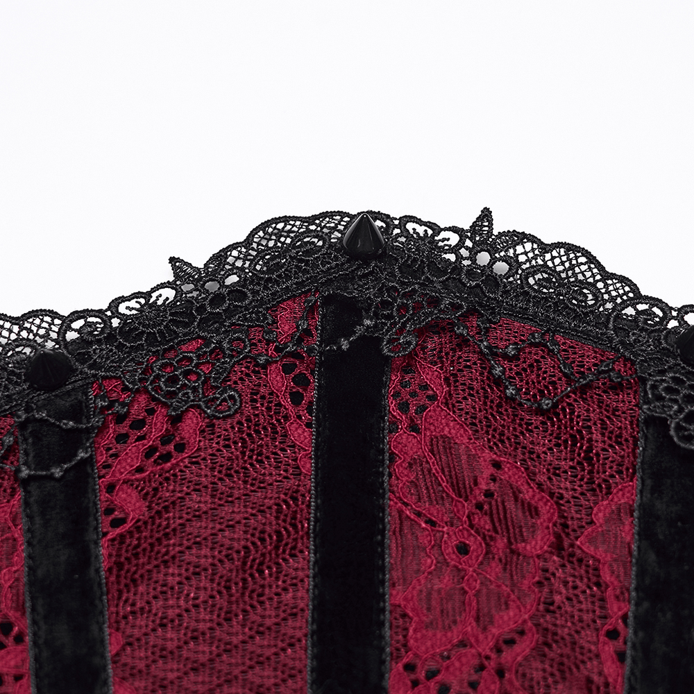 Alt Tag: Wine Red Black Lace Up Gothic Waist Cincher Corset close-up with black lace trim and red panels, sultry goth waist detail