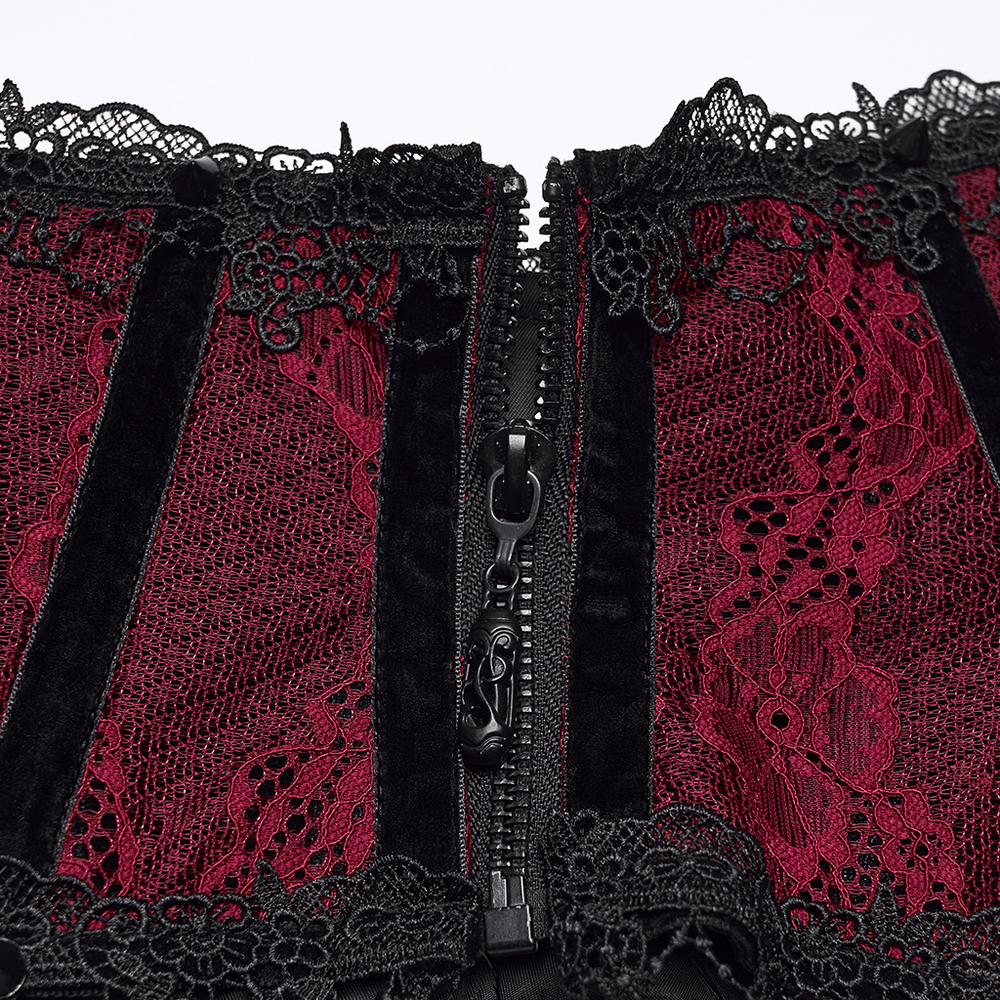 Alt Tag: Wine Red Black Lace Up Gothic Waist Cincher Corset close-up with black lace trim and front zipper detailing