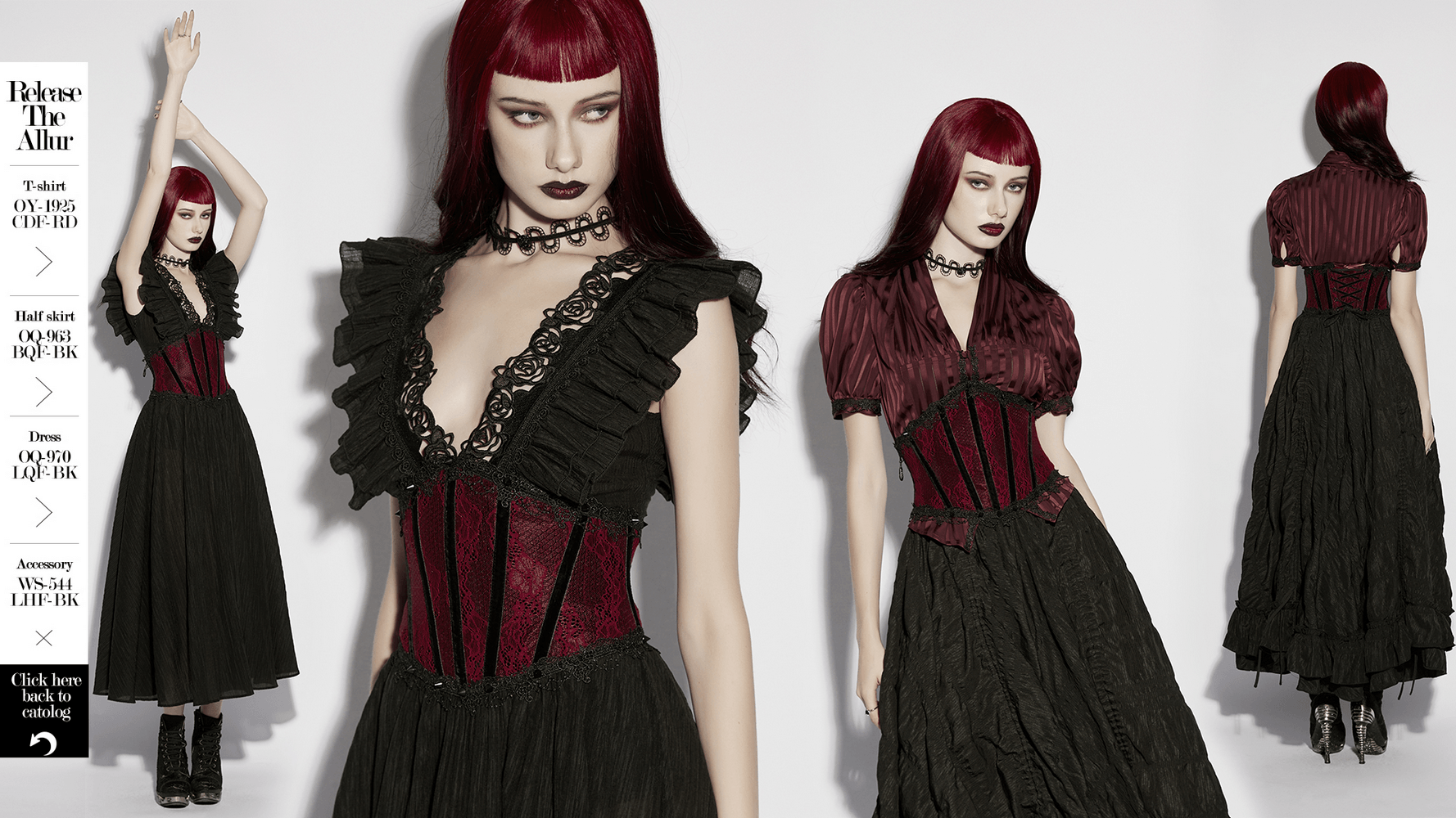 Wine Red Black Lace Up Gothic Waist Cincher Corset on model, front and back views with black dress styling—darkly divine!