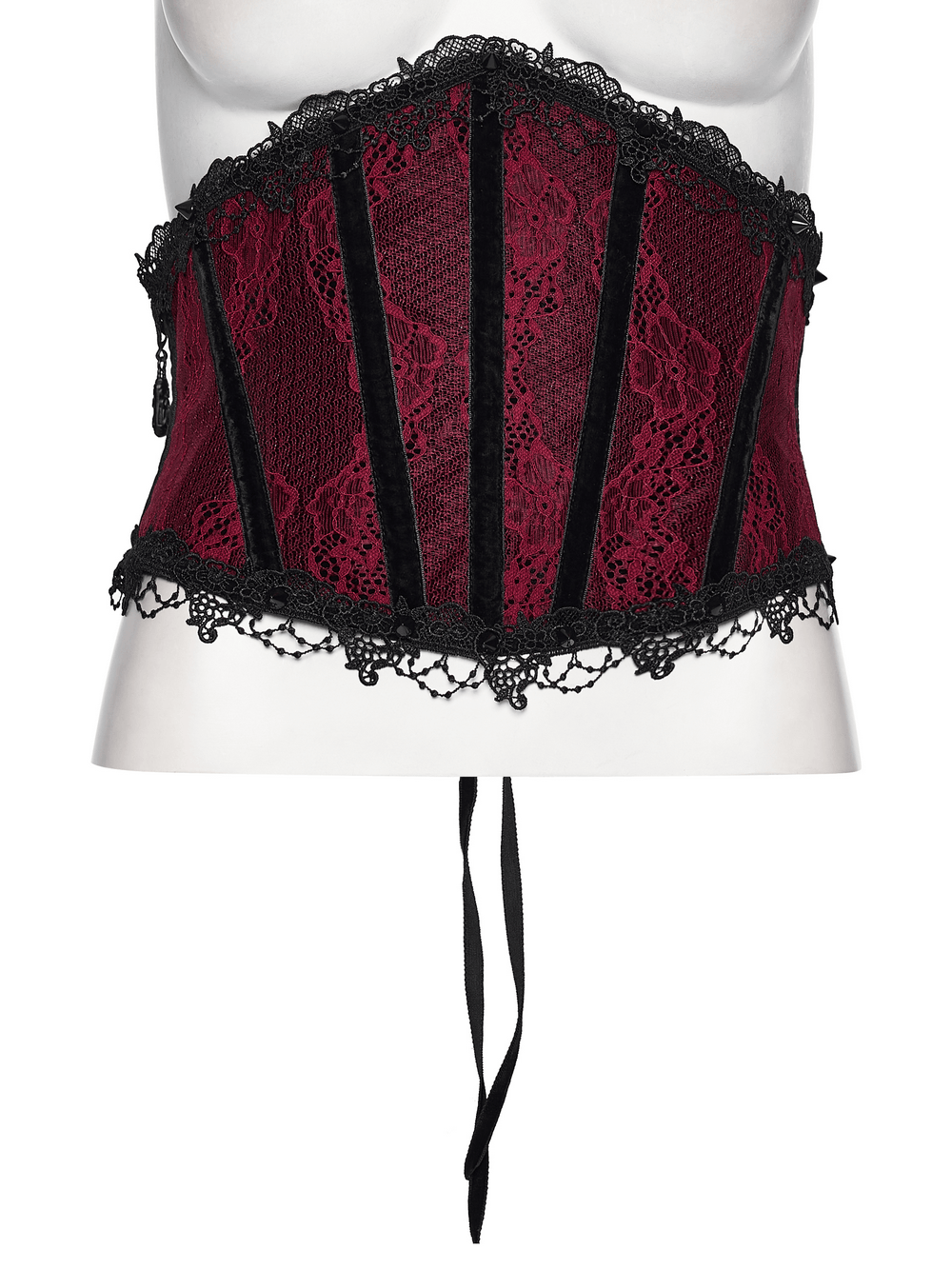 Alt Tag: Wine Red Black Lace Up Gothic Waist Cincher Corset with black lace trim and boning, front view on mannequin