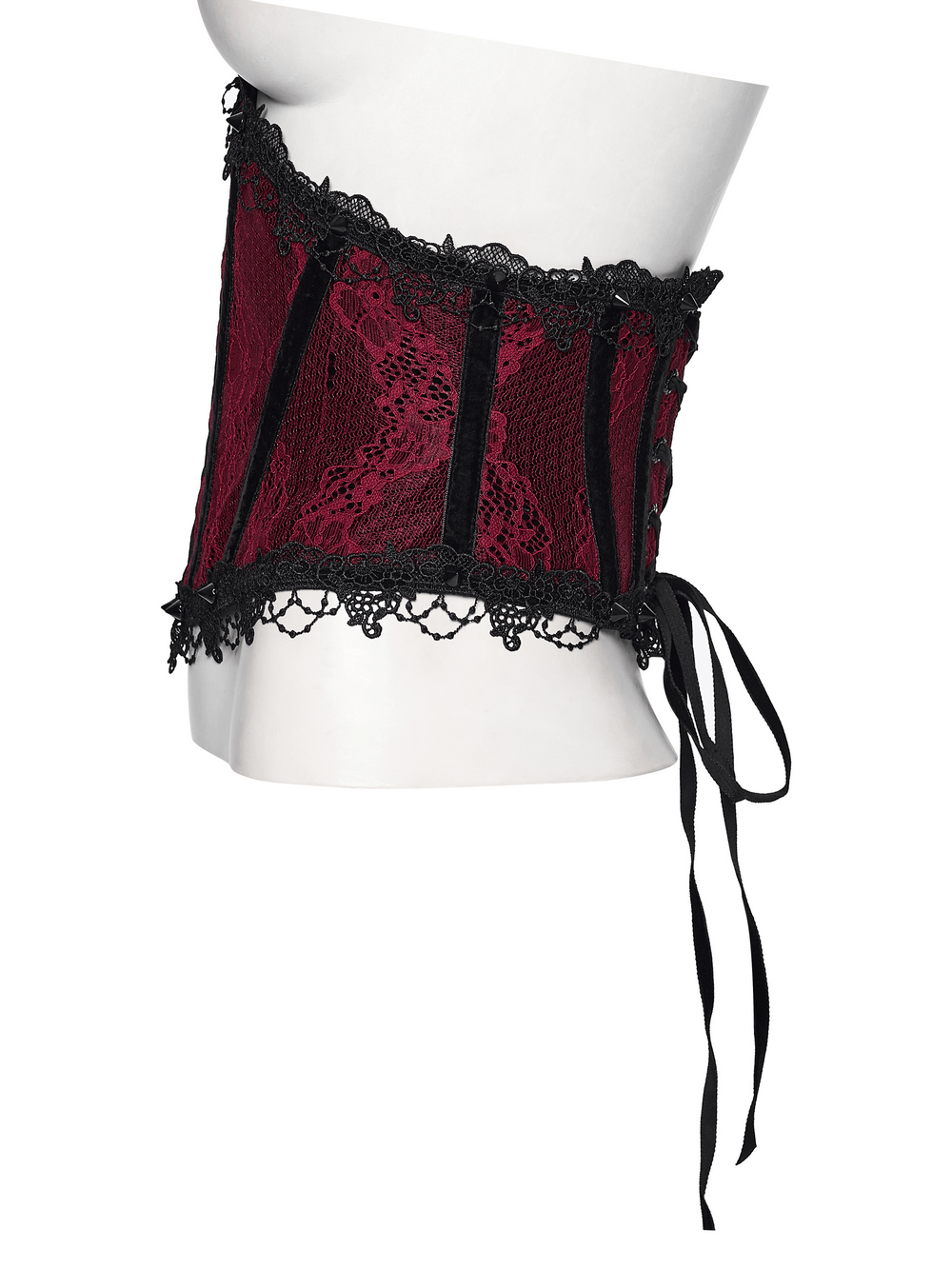 Alt Tag: Wine Red Black Lace Up Gothic Waist Cincher Corset on mannequin, red lace with black trim, side lacing detail